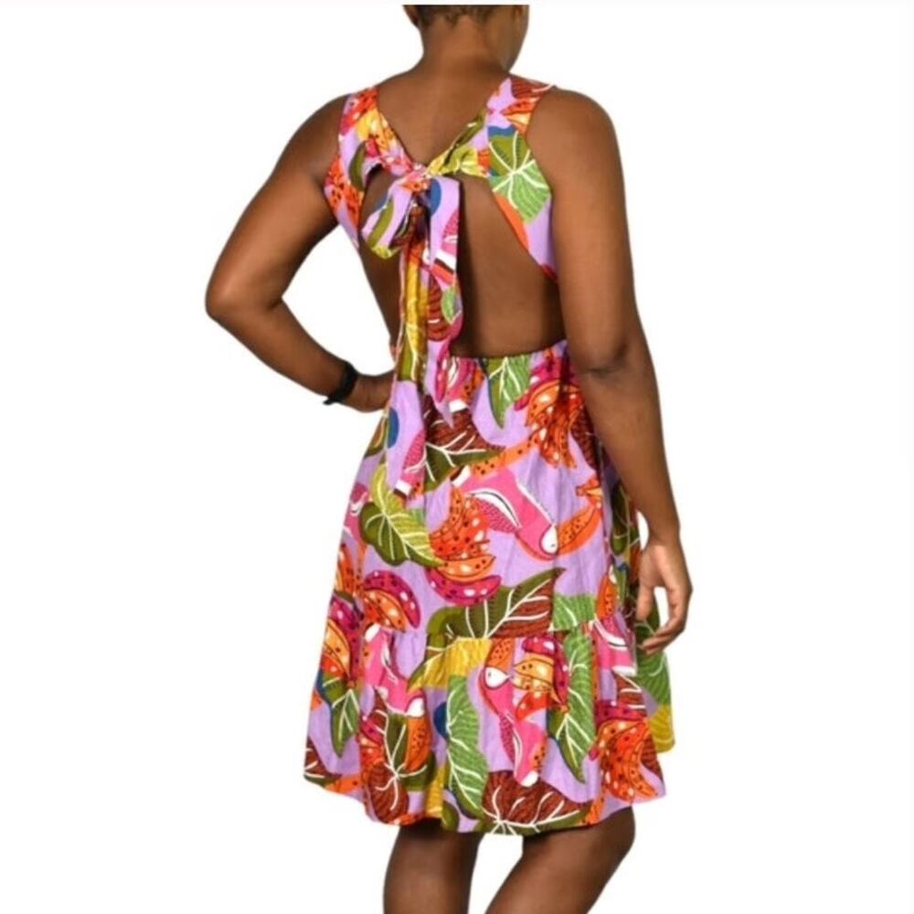 NEW House of Harlow 1960 Tropical Linen Blend Cutout Tie Back Dress large
